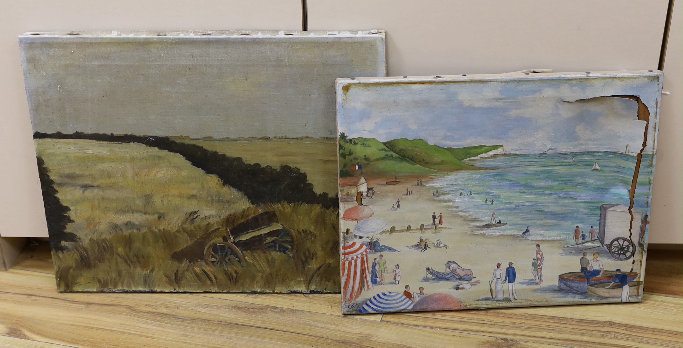 Graham Payn, oil on canvas, Cart in a hay field, 40 x 51cm and a Beach scene signed Cole and dated '54, 36 x 46cm, both unframed